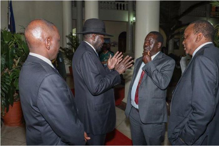 South Sudan President Salva Kiir, President Uhuru Kenyatta, Deputy President William Ruto and former Prime Minister Raila Odinga during the dinner at State House (Courtesy)