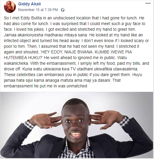 Churchill show’s Eddie Butita forced to respond after accusations of snubbing a fan in public