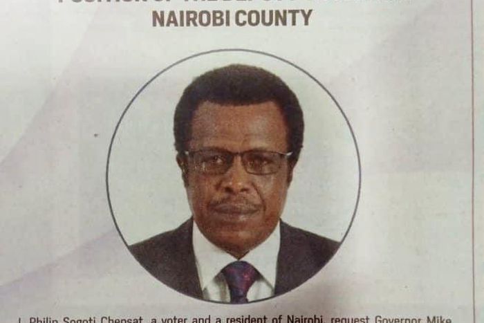Advert placed by Philip Chogoti Chepsat expressing his interest in Nairobi DG seat