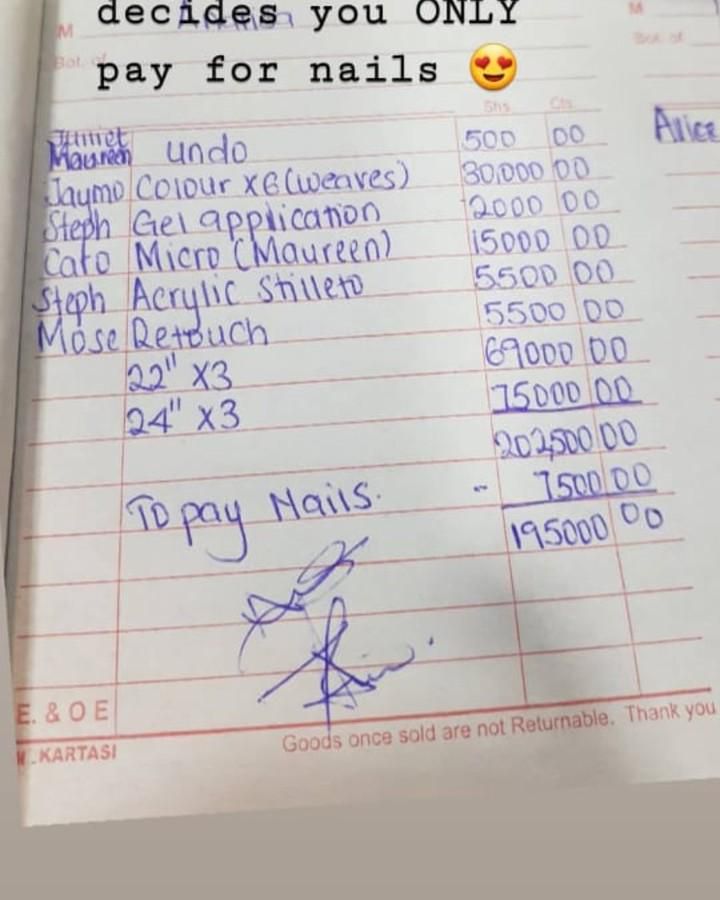 Anerlisa's salon bill (Instagram)