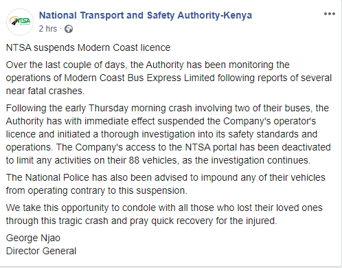 NTSA suspends Modern Coast License following morning crash that left 5 dead, 62 injured along Mombasa-Nairobi Highway
