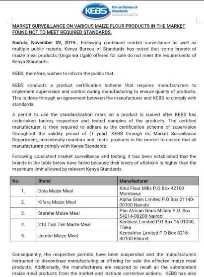 Government bans sale of popular 5 maize flour brands ahead of explosive expose