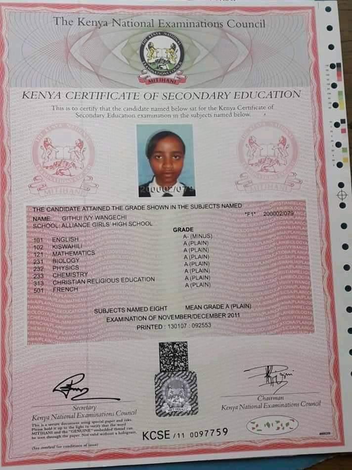 Ivy Wangechi Result Slip