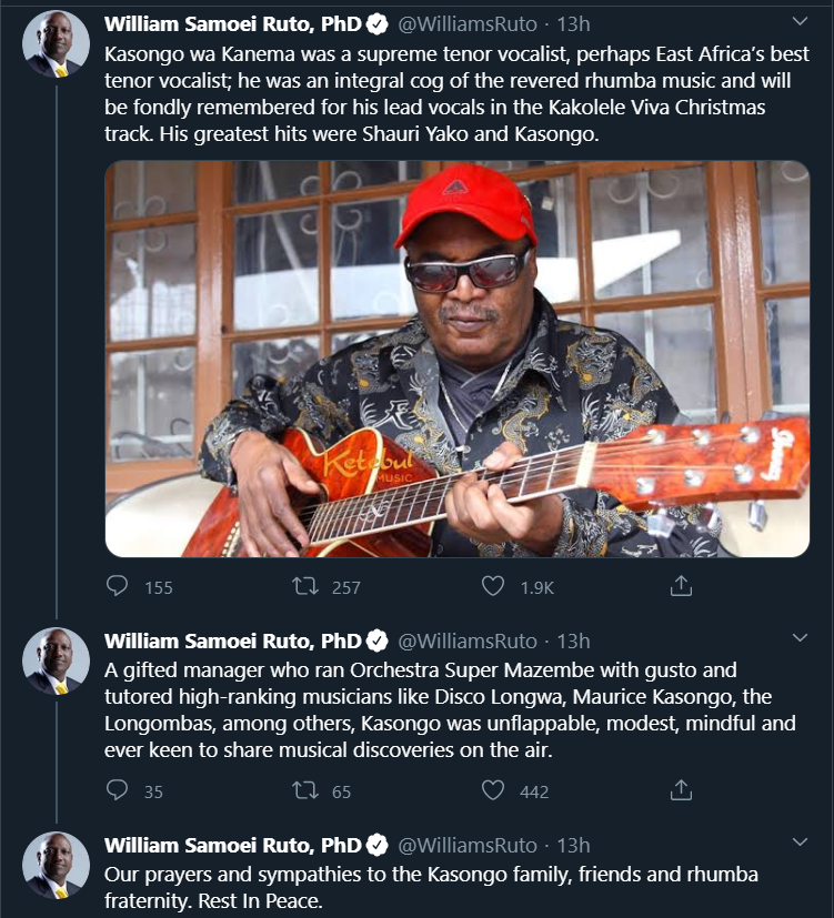 DP Ruto mourns fallen Rhumba Maestro Kasongo wa Kanema
