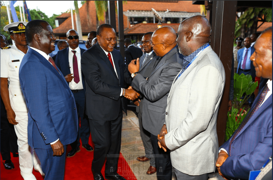 President Uhuru Kenyatta and Former Prime Minister, Raila Odinga with other dignitaries at the AfroChampions Boma forum on African infrastructure financing and delivery