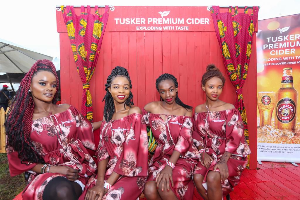 Tusker Cider Brand Ambassadors Kimani Mercy,Purity kilelo,lavender okowa,lucy Wanjiru strike a pose at Tusker cider tent. This was during the 28th edition of Koroga Festival held at the Bomas of Kenya.