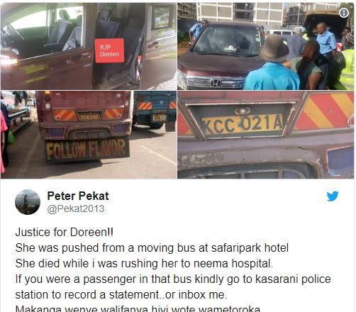 Nairobi Institute of Business Studies student was pushed to her death from a moving vehicle