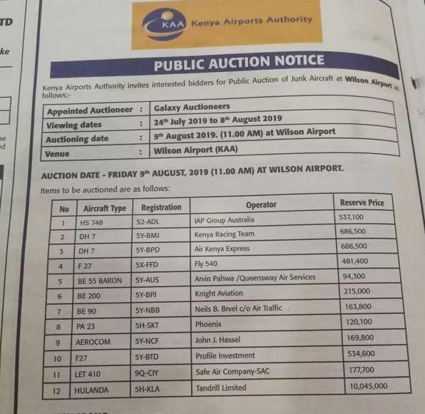 KAA Ad announcing the public auction