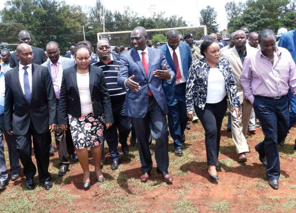 File image of Deputy President William Ruto (centre) with Kirinyaga Governor Anne Waiguru (left), Woman Rep Purity Ngirici and other leaders in Kutus, in April 2018