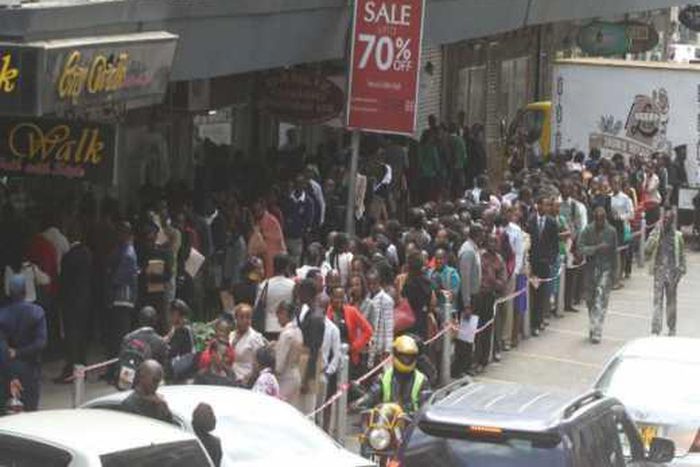 File image of thousands of unemployed Kenyans who turned up for a recruitment drive in Nairobi