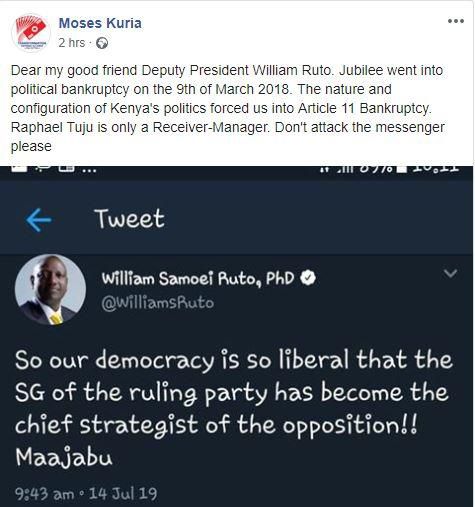 Jubilee died long time ago-Moses Kuria tells DP Ruto after his shock-reaction to Tuju's role in Raila camp