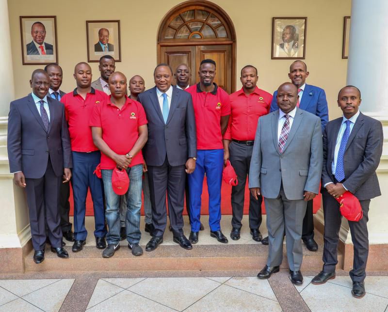 President Uhuru Kenyatta and DP William Ruto at State House, Nairobi when they met Jubilee Party candidate for the forthcoming Kibra by-election Mcdonald Mariga