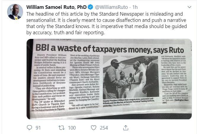 Angry DP Ruto scoffs at The Standard over today's headline on his visit to Meru