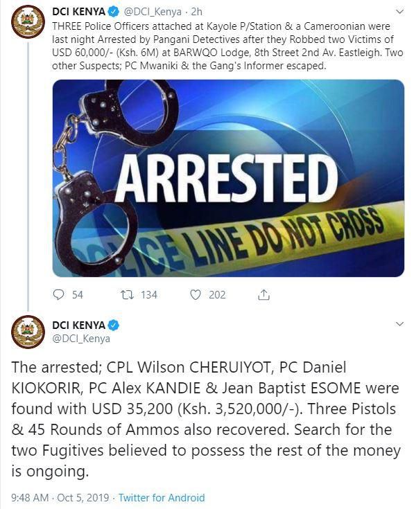 3 police officers arrested among gangsters minutes after stealing Ksh.6 million in dramatic robbery