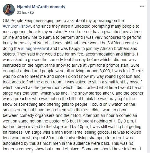 UK-based Kenyan comedian makes damming allegations against Mwalimu Churchill