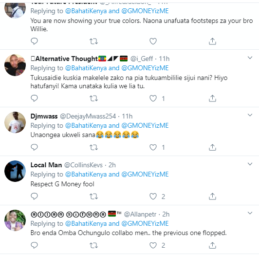 Bahati’s savage claps back at G Money after saying he doesn’t know him (Screenshots)