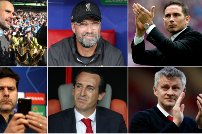 Managers of EPL Teams, from top left to right, Pep Guardiola, Jurgen Klopp, Frank Lampard, mauricio pochettino, unai emery and Ole Gunnar Solskjær.