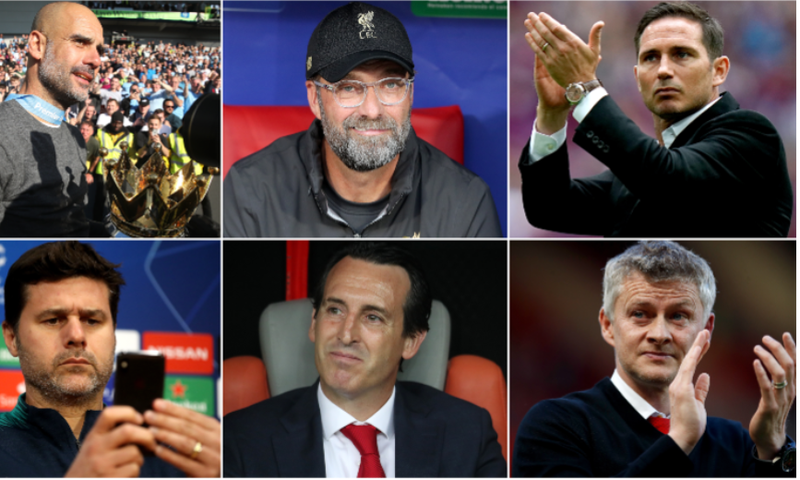 Managers of EPL Teams, from top left to right, Pep Guardiola, Jurgen Klopp, Frank Lampard, mauricio pochettino, unai emery and Ole Gunnar Solskjær.