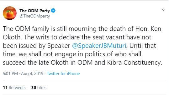 A screenshot of ODM's tweet regarding the party's position on replacing Ken Okoth in Kibra