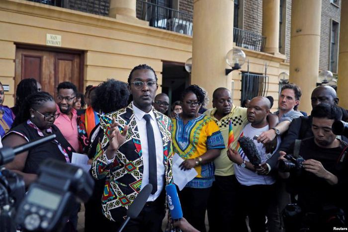 LGBTI activists during a press briefing shortly after the high court upheld a law banning gay sex on  May 24, 2019