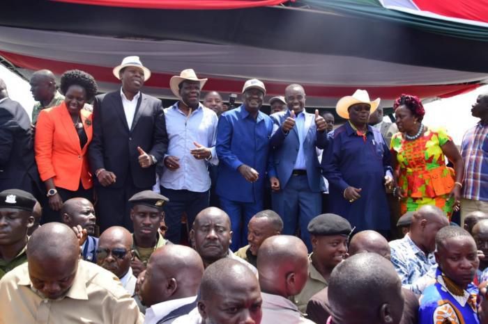 Francis Atwoli (third right), Cleophas Malala (fourth right), Raila Odinga (fifth right), Wycliffe Oparanya (third left) and Eugene Wamalwa (second left) at the mega BBI rally in Kakamega held on 25 January 2020