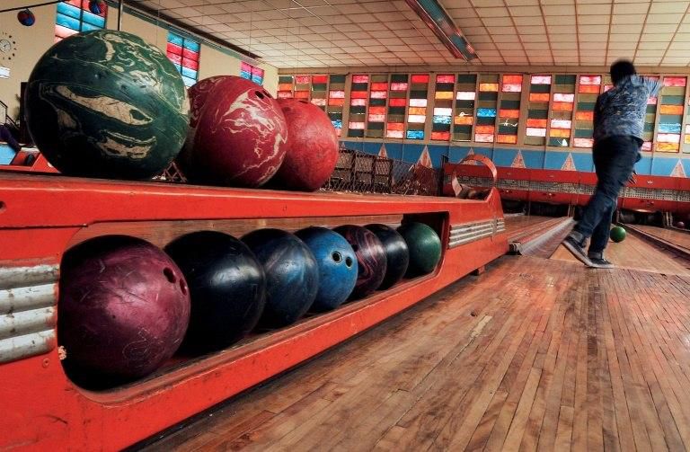 The bowling alley in Asmara, Eritrea's capital, has an art-deco style interior with coloured glass