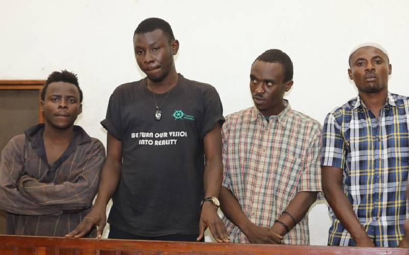 From left: Mnyika Maganga, Fredrick Gitari, Stephen Malenya and Mohamed Bwika at the Mombasa Court