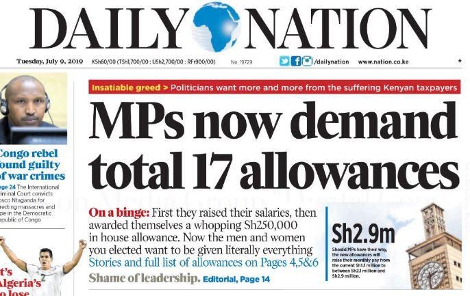 MPs demand 17 allowances (Daily Nation)