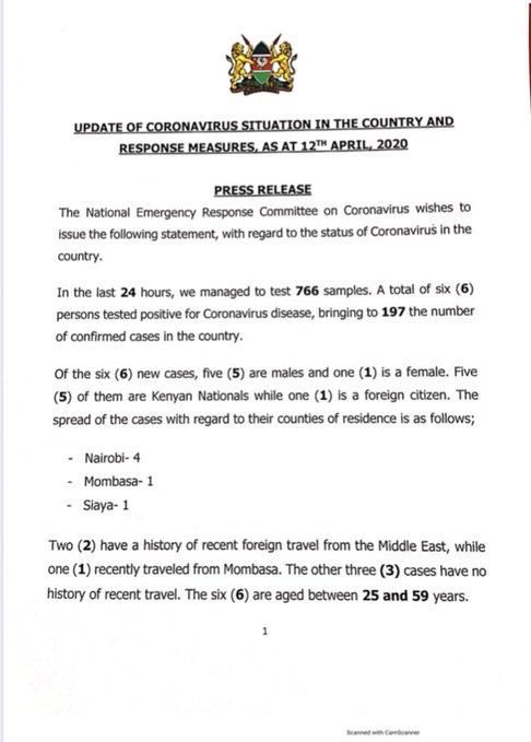 6  new cases of Coronavirus, number stands at 197- CS Kagwe