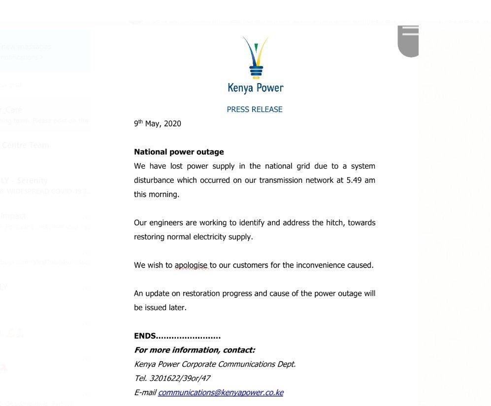 Kenya Power issues statement on nationwide power outage on Saturday May 9, 2020
