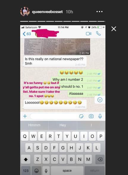 Vera Sidika reacts to list of top slay queens and gold diggers in Kenya