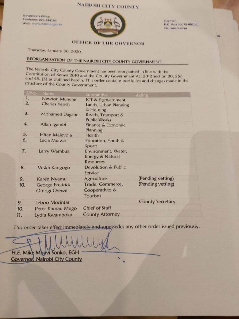 Nairobi Governor Mike Sonko reshuffles Cabinet in yet another dare to DPP Noordin Haji