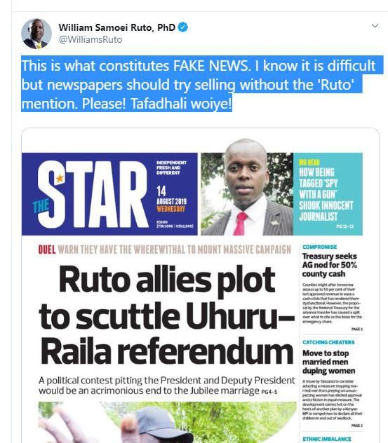 DP Ruto pleads with Newspapers to refrain from using his name to spread fake news