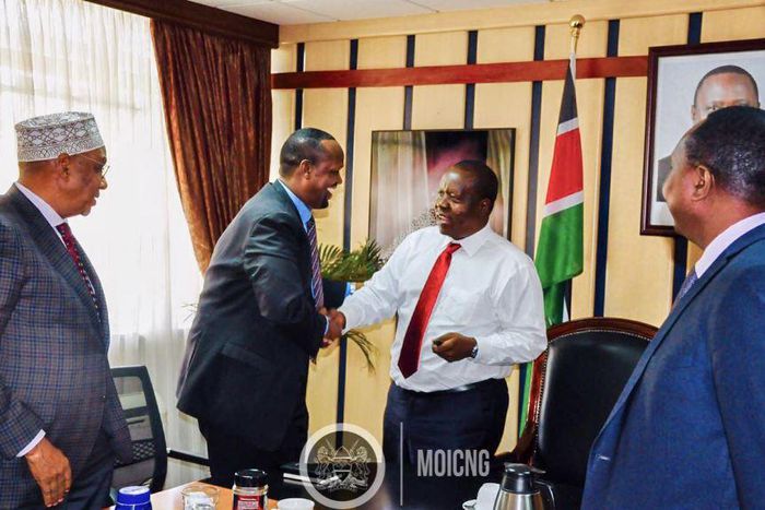 Ministry of Interior and Coordination of National Government  CS Fred Matiangi at a past meeting with leaders from Mandera. At least 70 Deputy County Commissioners have been transfered