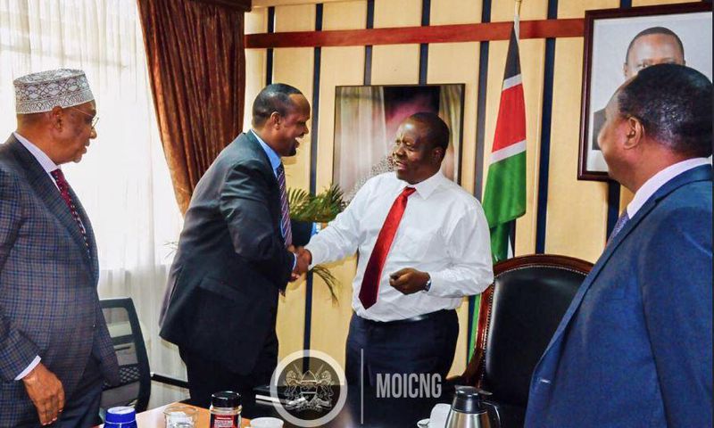 Ministry of Interior and Coordination of National Government  CS Fred Matiangi at a past meeting with leaders from Mandera. At least 70 Deputy County Commissioners have been transfered