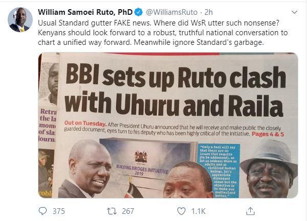 Angry DP Ruto urges Kenyans to ignore the Standard after this happened