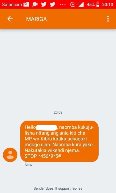 Mariga shamed for sending texts messages to Kibra residents