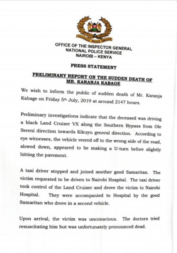 Police statement on Karanja Kabage's death