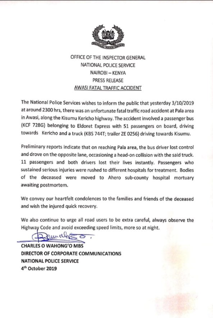 National Police Service statement on the Awasi Accident