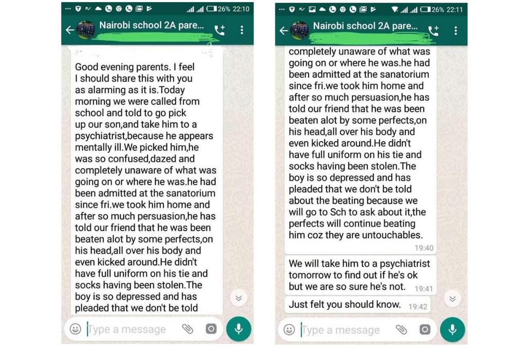 Screenshots by a parent alerting others about alleged bullying at Nairobi School