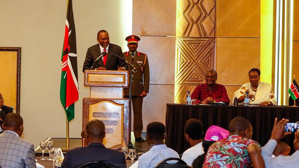 President Uhuru Kenyatta gives his address during a meeting with Kenyans living in Namibia on March 21, 2019
