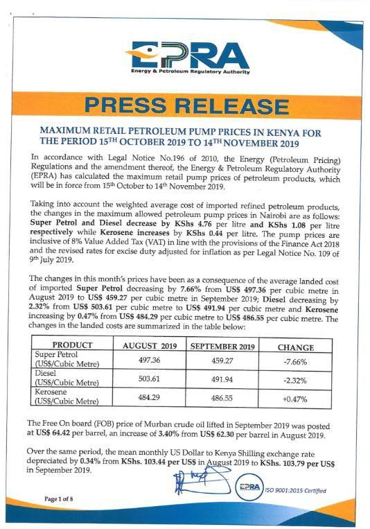 EPRA announces new fuel prices