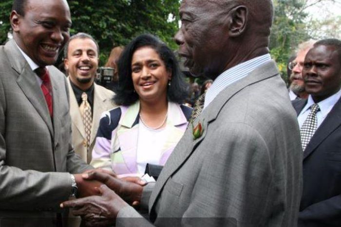 File image of President Uhuru Kenyatta, Esther Passaris with Kenya's second President, Mzee Daniel Moi