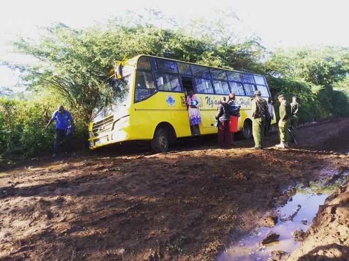 Bus ferrying KCPE exam papers to schools in Ng'ambo and Sintaan, Baringo South stuck in mud