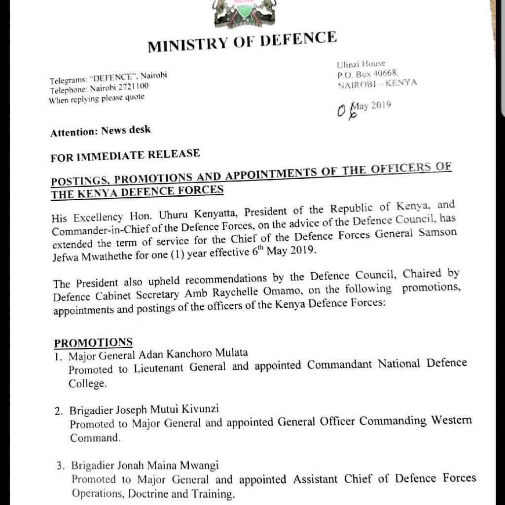 President Uhuru Kenyatta extends General Samson Mwathethe's term in office
