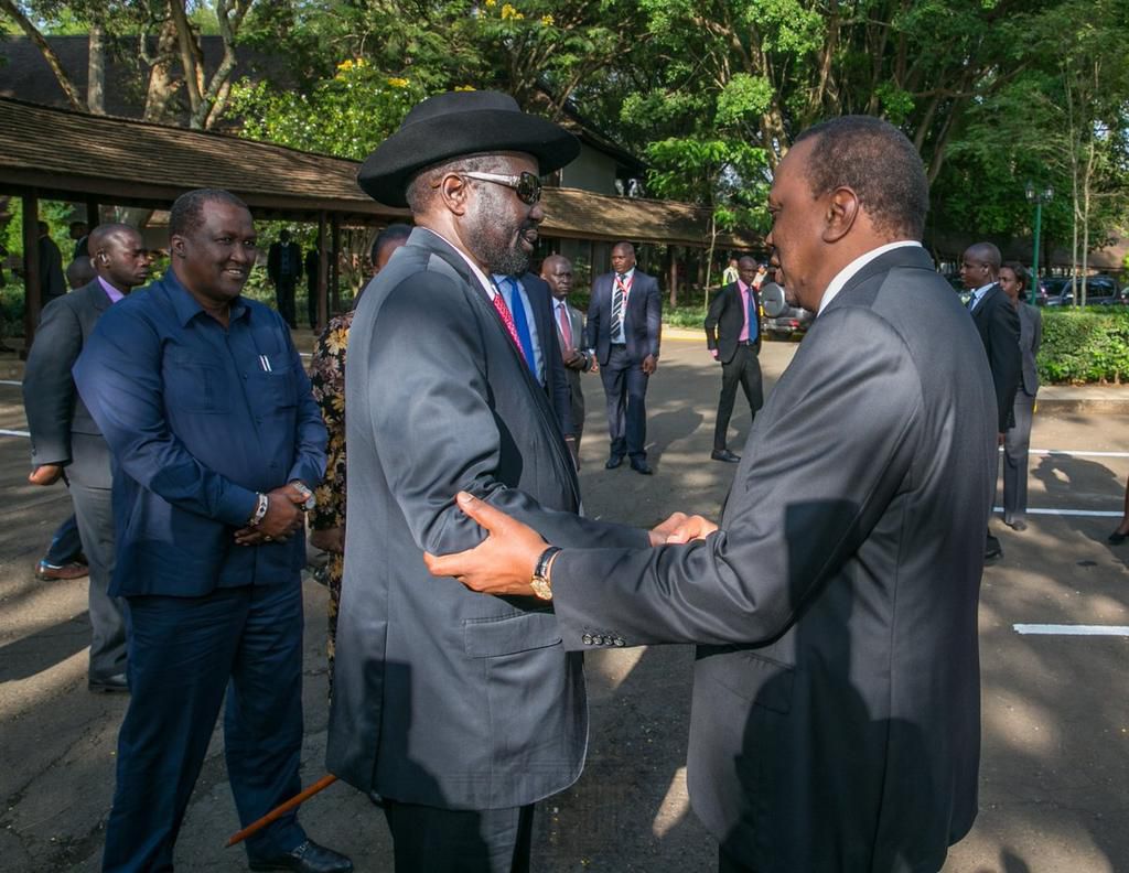 President Uhuru Kenyatta welcomes his South Sudan counterpart Salva Kiir to the 17 National Prayer Breakfast where Senator Poghisio told a joke on being mistaken for a South Sudan national