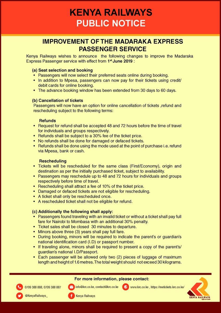 Kenya Railways announces increases fare for minors using SGR, effective June 1st 2019