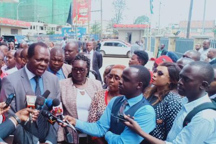 File image of Jubilee Party Secretary General Raphael Tuju addressing the press at a past event