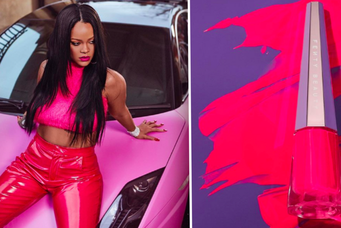 Rihanna looks sensational in hot pink to celebrate the release of new Stunna lip paint
