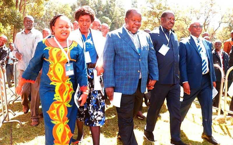 Raila Odinga, Interior CS Fred Matiang’i, Kitui Governor Charity Ngilu and Kirinyaga Governor Anne Waiguru at the BBI consultative forum held in Kisii